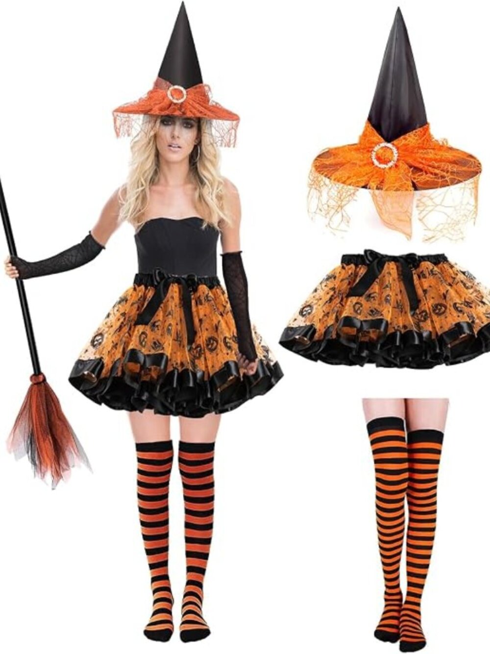 5PCS Halloween Witch Costume Women Costume with Hat Tutu Broom Striped Socks